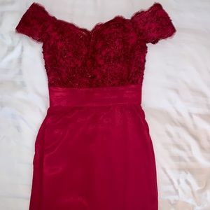 Off-the-Shoulder Scarlet Dress with Jeweled Tulle